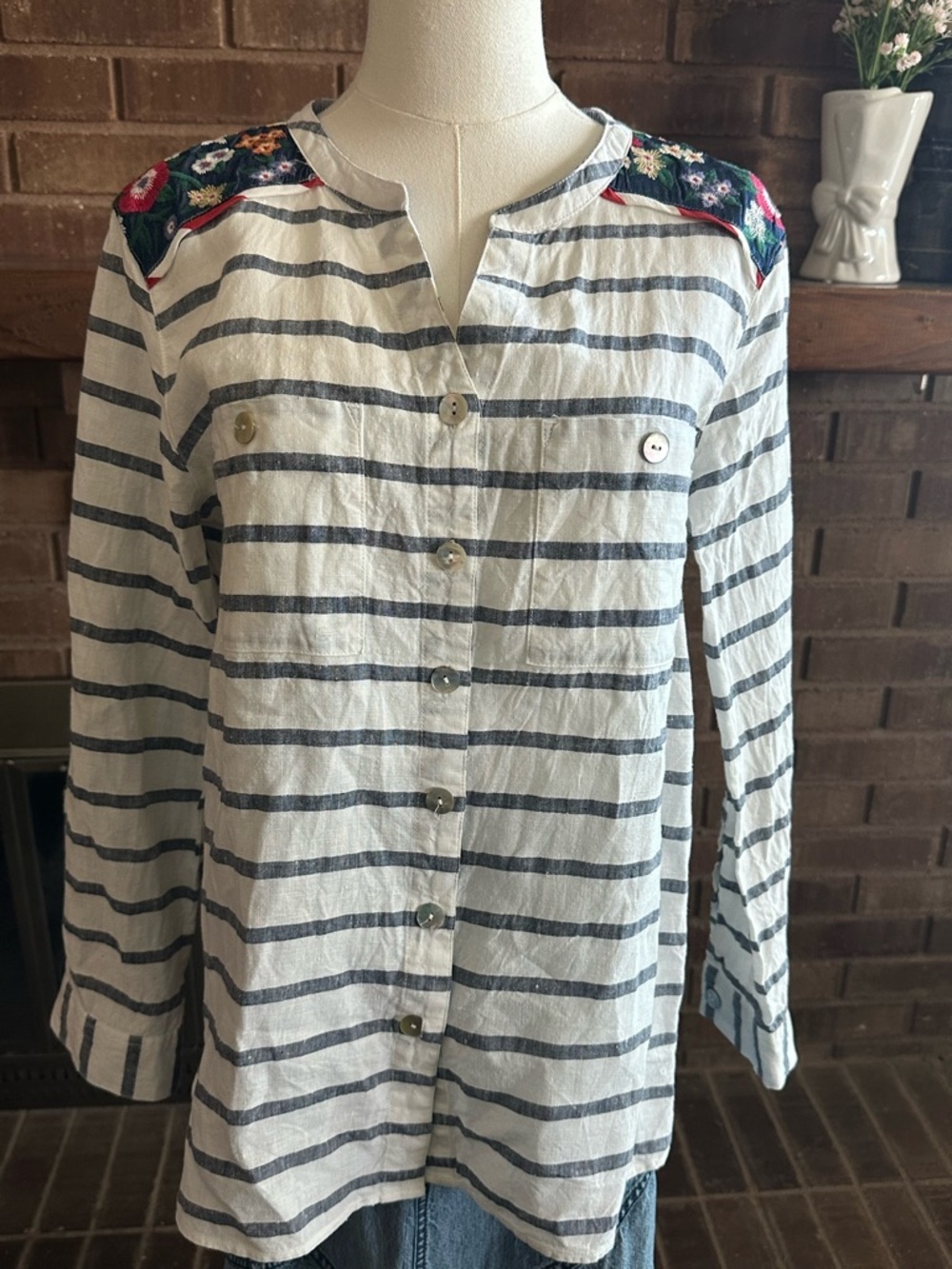 John Mark Mixed Media Striped Linen Embroidered Boho Tunic Top Chiffon Back M